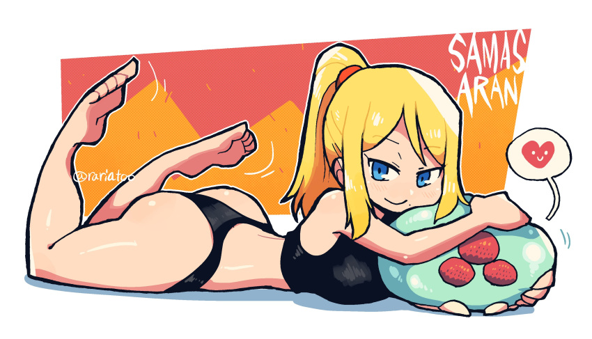 1girl absurdres ass barefoot black_panties blonde_hair blue_eyes breasts character_name crop_top feet heart highres legs_up looking_at_viewer lying metroid metroid_(creature) mole mole_under_mouth on_stomach panties ponytail rariatto_(ganguri) samus_aran smile spoken_heart super_metroid toes underwear