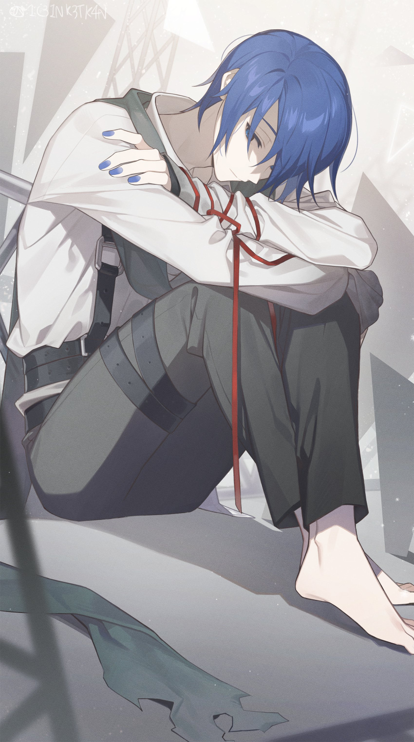 1boy 1c3ink3tk4n absurdres arms_on_knees artist_name bangs barefoot belt black_belt blue_eyes blue_hair blue_nails collared_shirt commentary crossed_ankles crossed_arms fence fingernails full_body green_neckwear grey_pants highres kaito_(vocaloid) male_focus nail_polish pale_skin pants parted_bangs pensive project_sekai red_ribbon ribbon scarf shirt short_hair sitting slouching solo suspenders vocaloid white_shirt