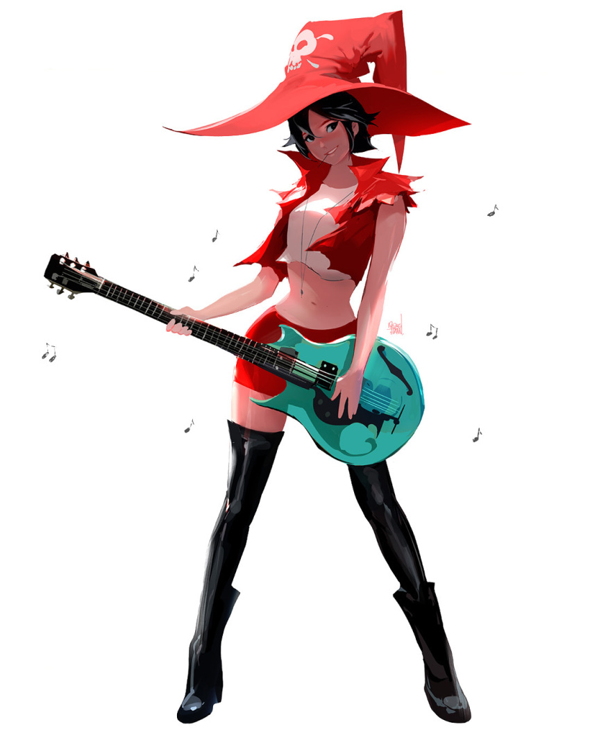 1girl black_hair black_legwear electric_guitar guilty_gear guitar hat highres i-no instrument jacket red_eyes red_jacket redesign ross_tran short_hair shorts skull solo thighhighs witch_hat