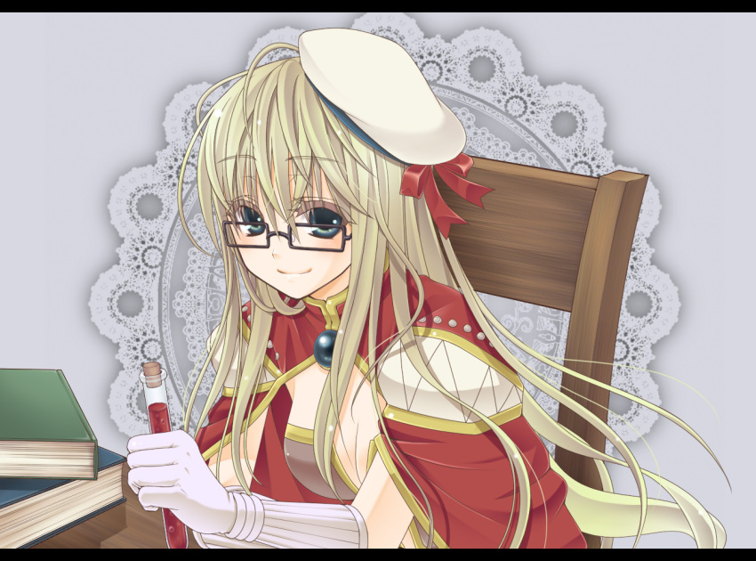 1girl bangs black-framed_eyewear blonde_hair book book_stack bow breasts brown_dress cape chair cleavage closed_mouth commentary_request creator_(ragnarok_online) dress eyebrows_visible_through_hair glasses gloves green_eyes grey_background hair_between_eyes hat hat_bow holding lace_background letterboxed living_clothes long_hair looking_at_viewer medium_breasts nia_(littlestars) potion ragnarok_online rectangular_eyewear red_bow red_cape sailor_hat smile solo strapless strapless_dress teeth upper_body vial wet_hat white_gloves