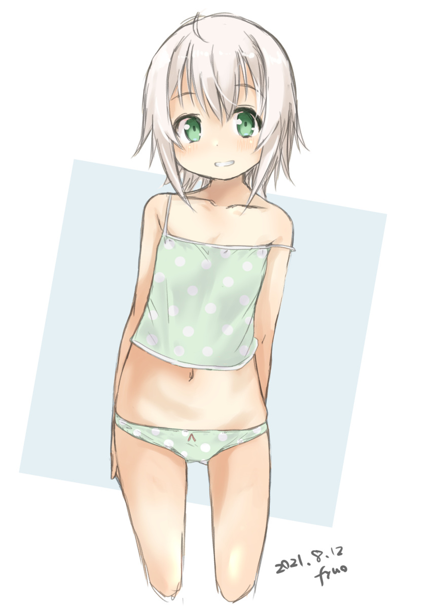 1girl absurdres ahoge artist_name bangs camisole cropped_legs dated fyuo glasses green_camisole green_eyes green_panties grin highres kantai_collection looking_at_viewer panties polka_dot polka_dot_camisole polka_dot_panties shimushu_(kancolle) short_hair silver_hair smile solo standing underwear