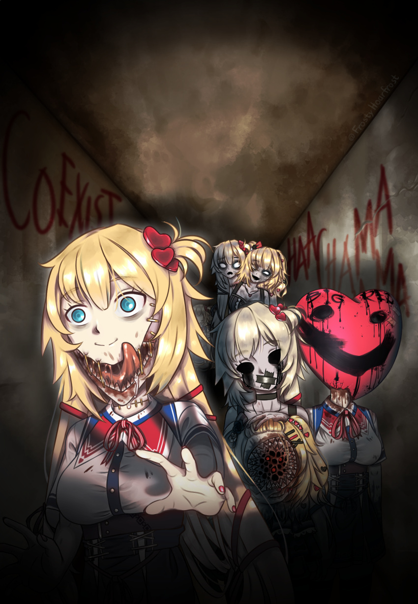 akai_haato blonde_hair blood blood_writing blue_eyes breasts choker commentary english_commentary frostiii gag hair_ornament hairclip heart highres hollow_eyes hololive horror_(theme) improvised_gag jewelry medium_breasts multiple_heads multiple_persona necklace one_side_up pale_skin red_nails sharp_teeth stitches tape tape_gag teeth trypophobia virtual_youtuber x_hair_ornament