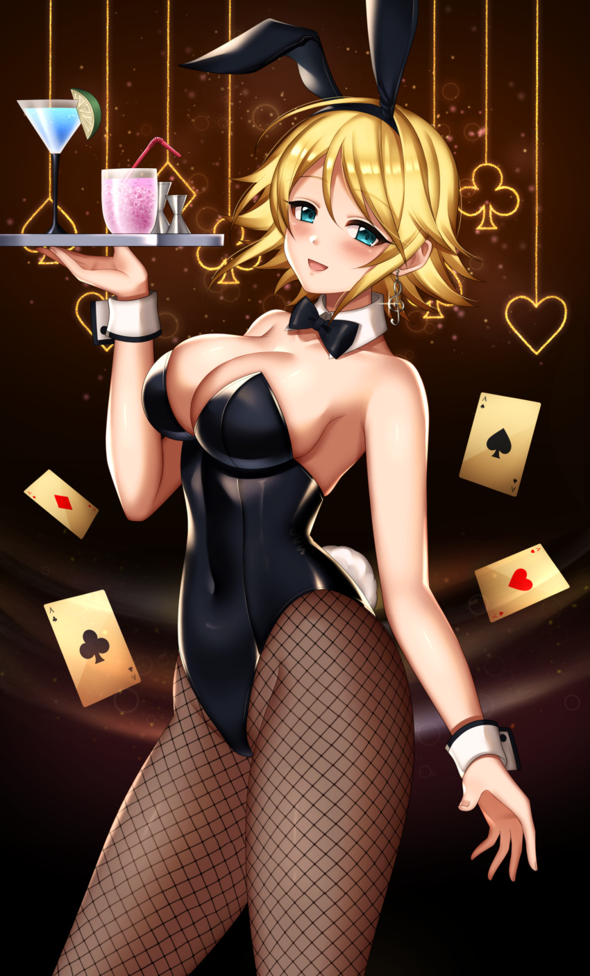 1girl absurdres animal_ears annno_ans black_leotard black_neckwear blonde_hair bow bowtie breasts brown_background brown_legwear card cleavage commentary_request cowboy_shot detached_collar drink fishnet_legwear fishnets glass green_eyes highres idolmaster idolmaster_cinderella_girls large_breasts leotard looking_at_viewer pantyhose playboy_bunny playing_card playing_card_theme rabbit_ears rabbit_tail short_hair solo standing strapless strapless_leotard tail umeki_otoha wrist_cuffs