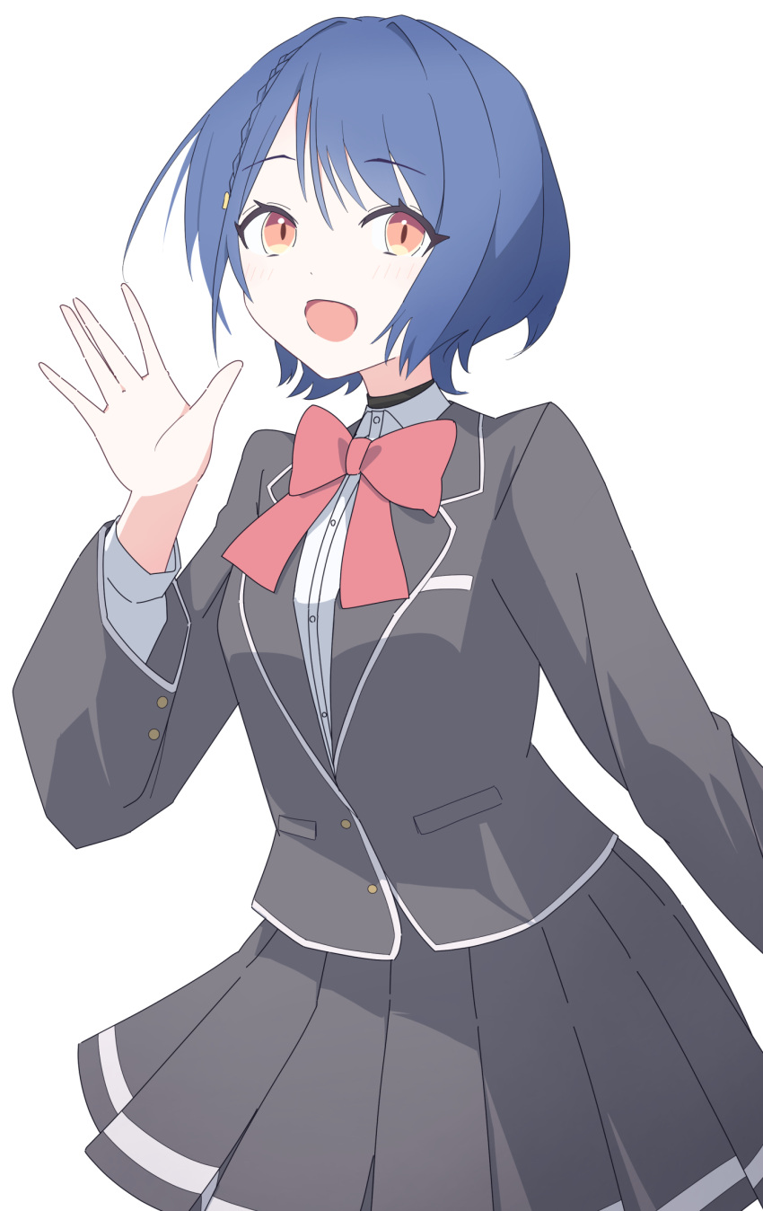 1girl :d \||/ black_jacket black_skirt blazer blue_hair bow bowtie collared_shirt cowboy_shot highres jacket junnatsu looking_at_viewer love_live! love_live!_hasu_no_sora_jogakuin_school_idol_club love_live!_hasu_no_sora_jogakuin_school_idol_club_bloom_garden_party miniskirt open_mouth orange_eyes pleated_skirt red_bow red_bowtie reisawa_aoi shirt short_hair simple_background skirt slit_pupils smile solo undershirt white_background white_shirt