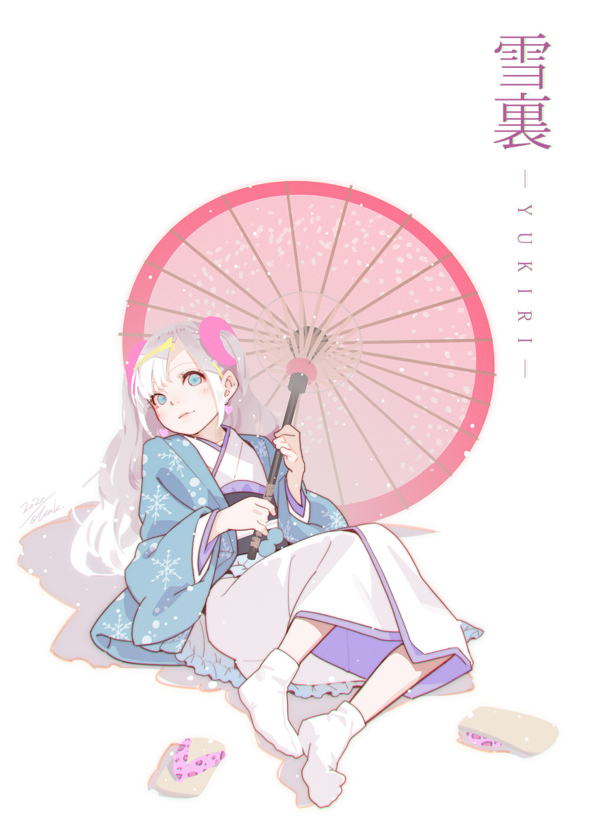 1girl absurdres blue_eyes blue_kimono character_name closed_mouth earrings heart heart_earrings highres japanese_clothes jewelry kimono long_hair looking_at_viewer lying muk_(monsieur) oil-paper_umbrella original sandals sandals_removed simple_background socks solo tabi umbrella white_background white_hair