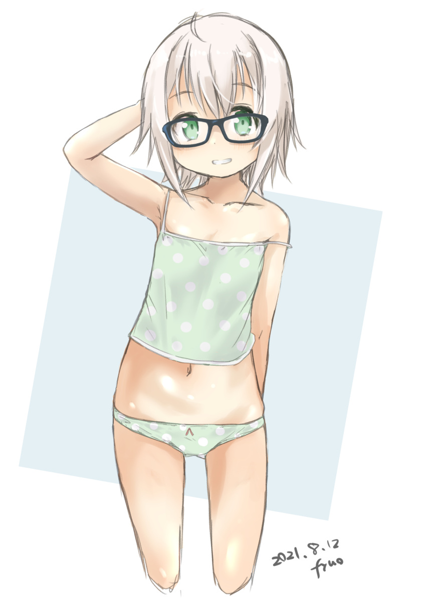 1girl absurdres ahoge arm_behind_head artist_name bangs bespectacled black-framed_eyewear camisole cropped_legs dated fyuo glasses green_camisole green_eyes green_panties grin highres kantai_collection looking_at_viewer panties polka_dot polka_dot_camisole polka_dot_panties shimushu_(kancolle) short_hair silver_hair smile solo standing underwear