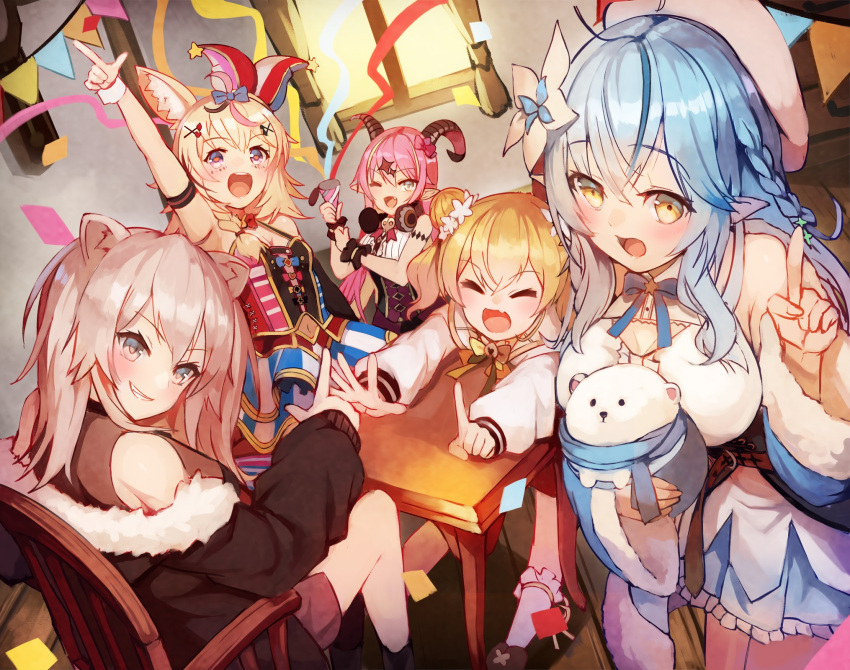 5girls arm_up asymmetrical_horns bangs bare_shoulders blonde_hair bow breasts chair commentary_request daifuku_(yukihana_lamy) eyebrows_visible_through_hair green_eyes grey_eyes hair_ornament highres holding holofive hololive horn_bow horn_ornament horns indoors long_hair looking_at_viewer mano_aloe momosuzu_nene multicolored_hair multiple_girls navel off_shoulder omaru_polka open_mouth party_popper pink_hair pointy_ears shishiro_botan sue_(bg-bros) table two-tone_hair virtual_youtuber window yellow_eyes yukihana_lamy