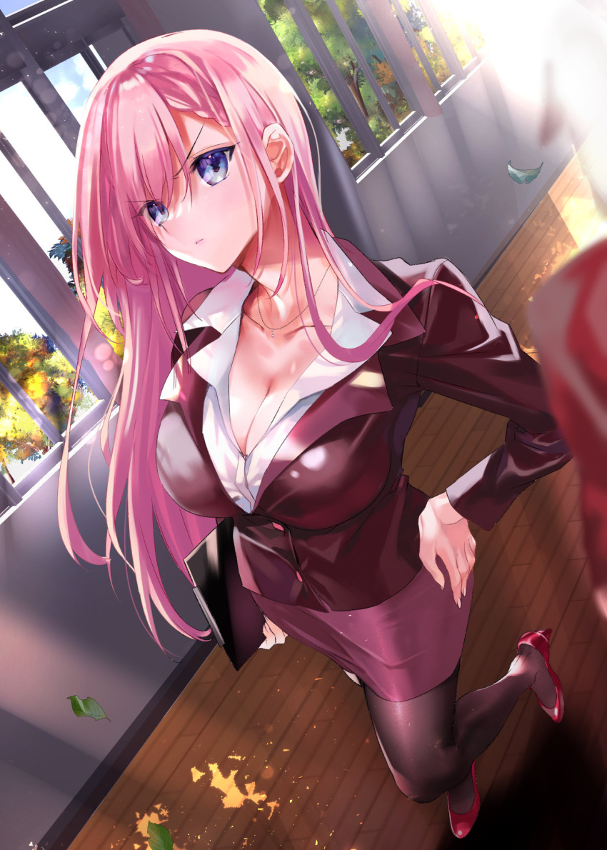 1girl black_legwear blazer blue_eyes blurry blurry_foreground bokutachi_wa_benkyou_ga_dekinai braid breasts cleavage closed_mouth collared_shirt day dress_shirt eyebrows_visible_through_hair full_body hand_on_hip high_heels highres holding indoors jacket jewelry kirisu_mafuyu kumatora_tatsumi large_breasts leaves_in_wind long_hair long_sleeves looking_at_viewer necklace pantyhose pencil_skirt pink_hair red_footwear shirt skirt standing standing_on_one_leg sunlight tree v-shaped_eyebrows white_shirt window wooden_floor