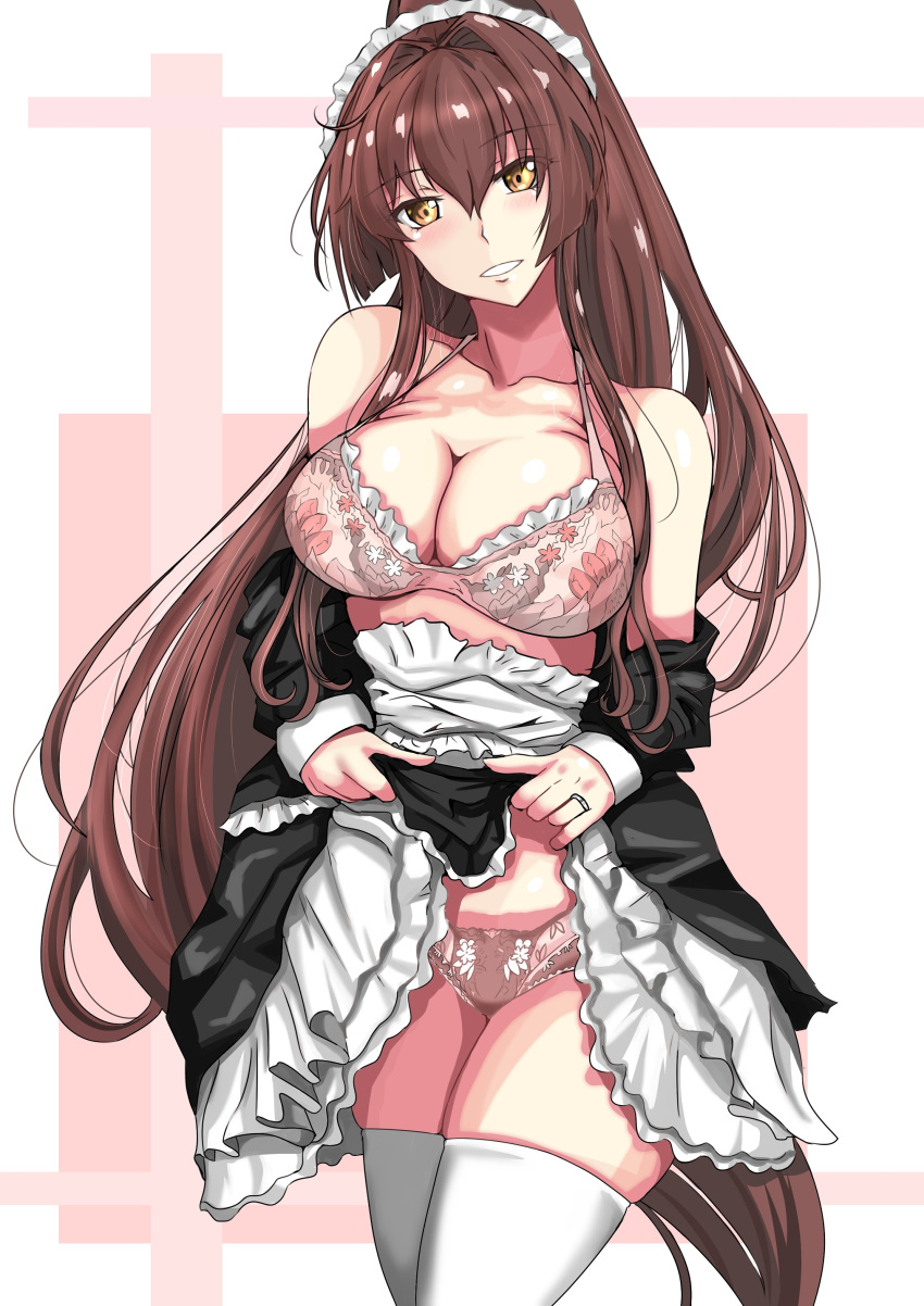 1girl absurdres alternate_costume beige_bra beige_panties black_dress bra breasts brown_eyes brown_hair cherry_blossoms cleavage clothes_lift commentary_request dress dress_lift enmaided frilled_bra frills highres jewelry kantai_collection ken_(shutenndouji1) large_breasts lifted_by_self long_hair maid maid_headdress parted_lips ponytail ring solo thighhighs underwear wedding_band white_legwear yamato_(kancolle)