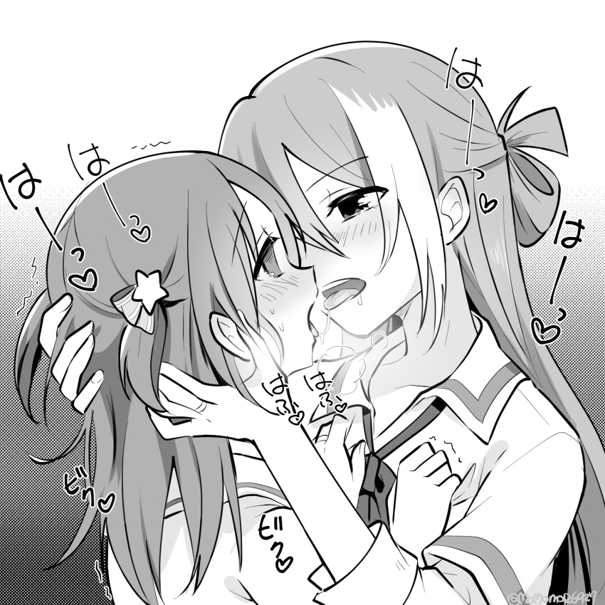 2girls after_kiss alina_gray assertive_female empty_eyes eye_contact eyebrows_visible_through_hair face-to-face greyscale hair_ornament hands_on_another's_head heart heavy_breathing highres jewelry kiss long_hair looking_at_another magia_record:_mahou_shoujo_madoka_magica_gaiden mahou_shoujo_madoka_magica misono_karin momo_tomato monochrome multiple_girls ring sakae_general_school_uniform saliva saliva_trail school_uniform sleeves_rolled_up tongue tongue_out trembling yuri