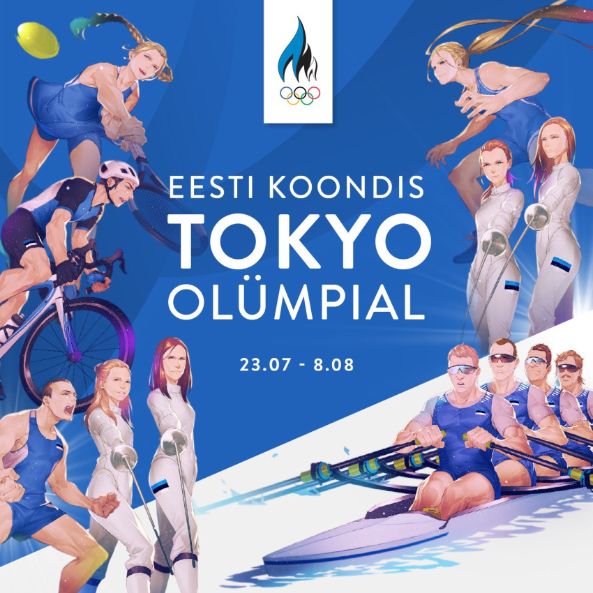 2020_summer_olympics 6+boys 6+girls ball bicycle_helmet blonde_hair braid brown_hair estonian_flag estonian_text fencing fencing_suit helmet highres holding holding_sword holding_weapon long_hair medium_hair monq multiple_boys multiple_girls olympics racket real_life riding_bicycle rowboat rowing short_hair sportswear sword tennis_ball tennis_racket twin_braids weapon wrestling_outfit