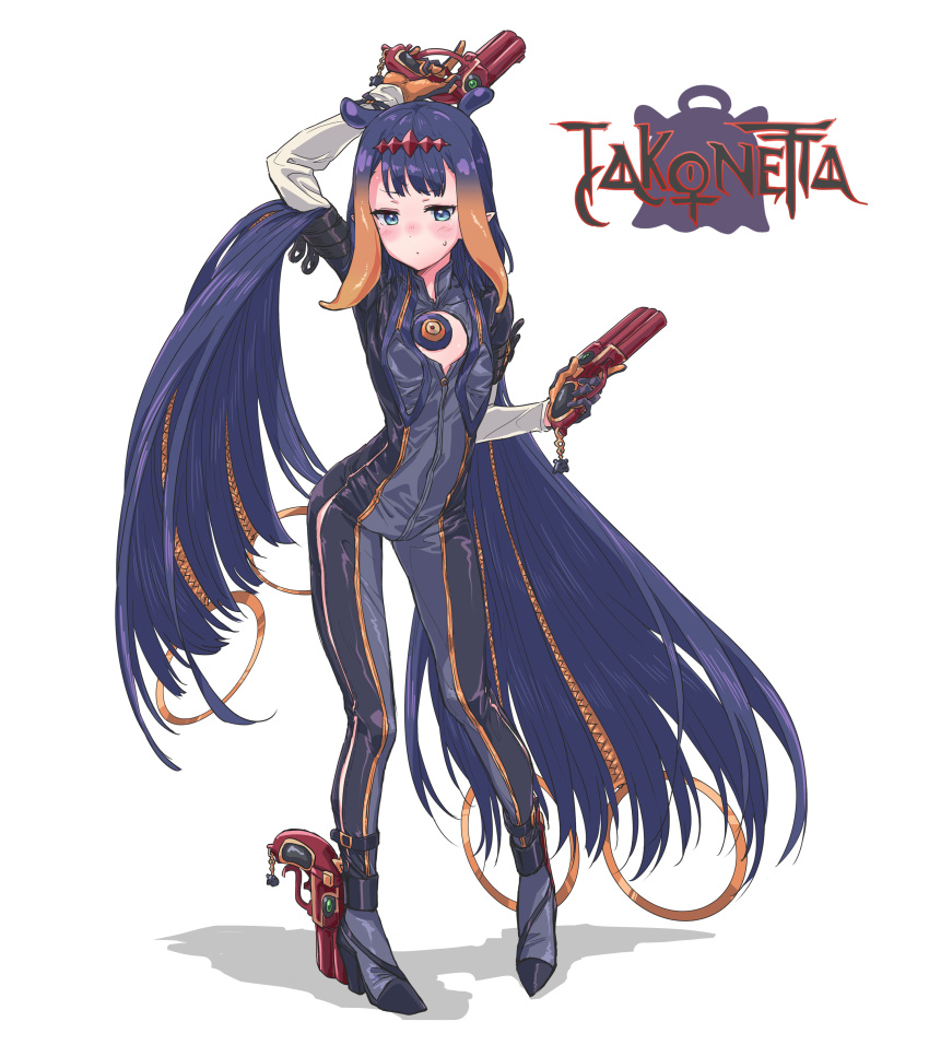 1girl absurdres alternate_costume animal_ears ankle_holster arm_up bayonetta bayonetta_(cosplay) bayonetta_(series) black_bodysuit black_footwear blue_eyes blush bodysuit boots center_opening closed_mouth commentary contrapposto cosplay dual_wielding embarrassed eyebrows_visible_through_hair flat_chest fukuda_keita full_body gloves gradient_hair gun handgun headpiece high_heel_boots high_heels highres holding holding_gun holding_weapon hololive hololive_english long_hair mole mole_under_eye multicolored_hair ninomae_ina'nis orange_gloves orange_hair pointy_ears purple_hair simple_background solo standing sweatdrop tako_(ninomae_ina'nis) tentacle_hair twintails two-tone_hair very_long_hair virtual_youtuber weapon white_background