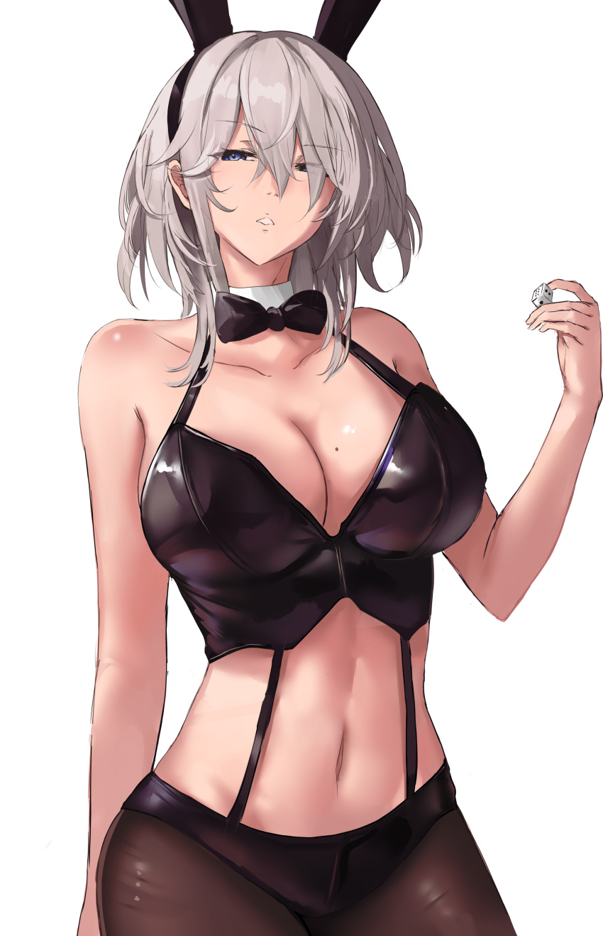 1girl absurdres animal_ears azur_lane bare_arms bare_shoulders black_shirt blue_eyes bow bowtie breasts brown_legwear cleavage collarbone cowboy_shot crop_top detached_collar dice fake_animal_ears garter_straps grey_hair hairband half-closed_eyes hand_up highres holding large_breasts liaowen midriff mole mole_on_breast navel pantyhose parted_lips playboy_bunny rabbit_ears revealing_clothes shirt short_hair simple_background sleeveless sleeveless_shirt solo stomach washington_(azur_lane) white_background
