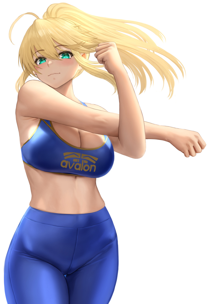 1girl ahoge artoria_pendragon_(fate) artoria_pendragon_(lancer)_(fate) blonde_hair blue_pants breasts cleavage closed_mouth clothes_writing eyebrows_visible_through_hair fate/grand_order fate_(series) green_eyes hair_between_eyes high-waist_pants highres large_breasts long_hair looking_at_viewer midriff pants ponytail simple_background solo stretch white_background yamaneko_(tkdrumsco) yoga_pants