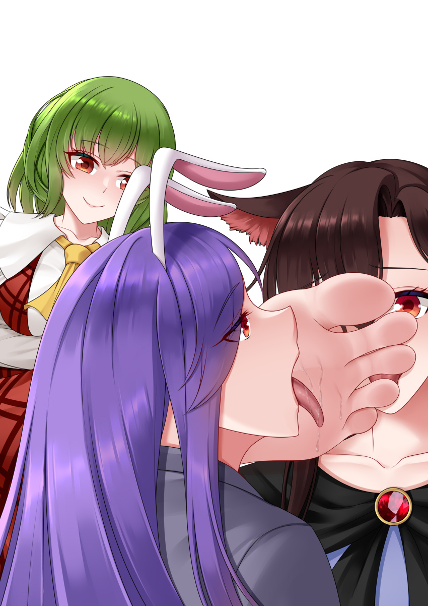 3girls absurdres animal_ears barefoot brown_hair collarbone feet foot_worship gem highres imaizumi_kagerou kazami_yuuka licking licking_foot long_hair medium_hair multiple_girls necktie oirin purple_hair rabbit_ears rabbit_girl red_eyes reisen_udongein_inaba saliva simple_background smile soles toes tongue tongue_out touhou white_background wolf_ears wolf_girl yuri