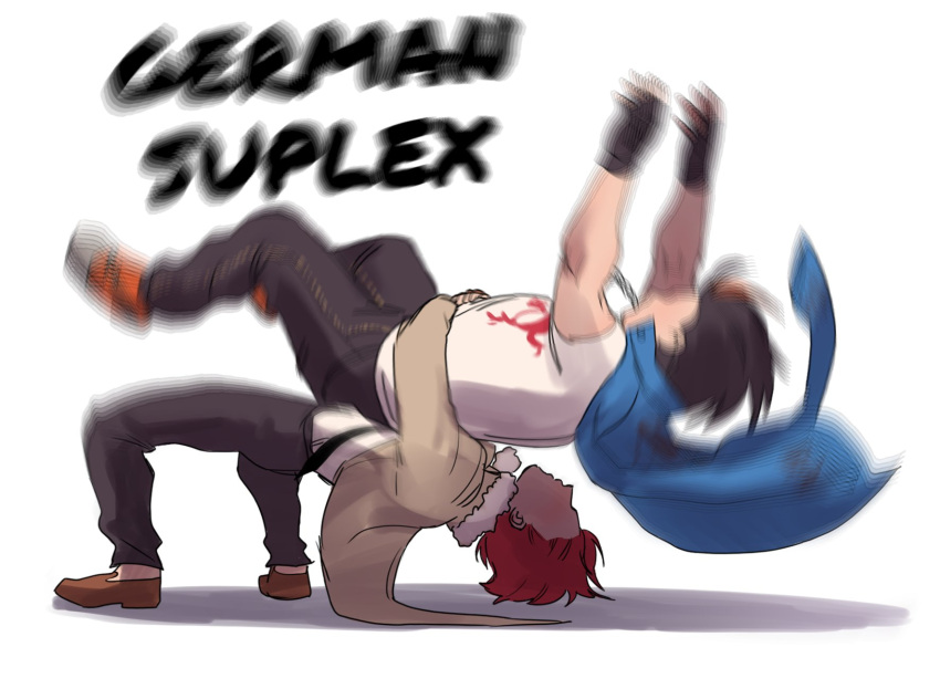 1boy 1girl black_hair english_commentary full_moon german_suplex han_soo-min_(hanny) hanny_(uirusu_chan) highres hwoarang_(tekken) jacket jacket_on_shoulders moon motion_blur one-eyed pants red_hair short_hair suplex tekken tekken_7 upside-down