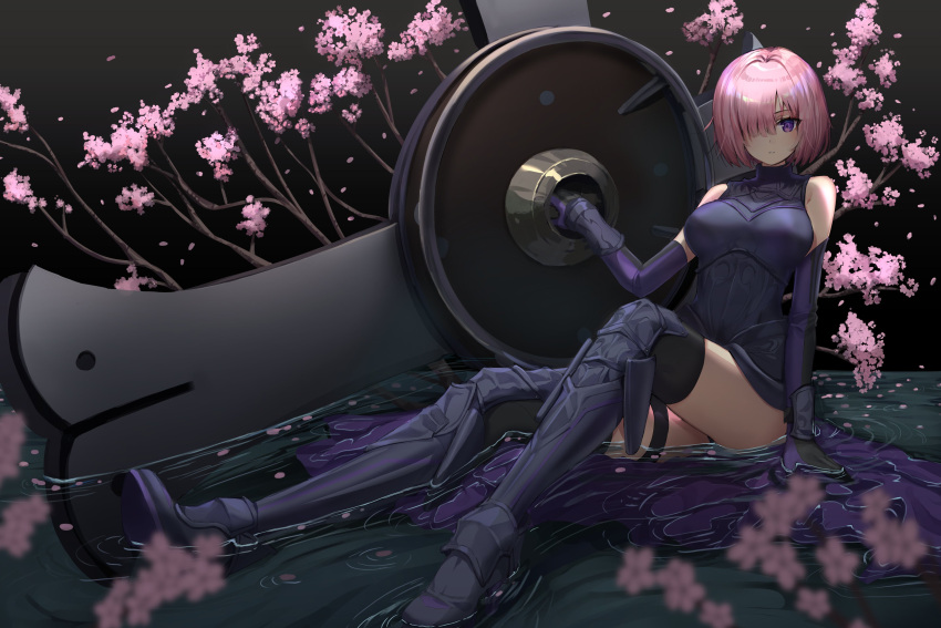 1girl absurdres armor armored_boots bare_shoulders black_armor black_legwear boobplate boots cherry_blossoms commentary commission english_commentary eyebrows_visible_through_hair fate/grand_order fate_(series) flower gauntlets hair_over_one_eye highres holding holding_shield holding_weapon in_water ku-ini looking_at_viewer mash_kyrielight one_eye_covered outdoors parted_lips pink_flower pink_hair purple_eyes shield short_hair sitting solo teeth water weapon