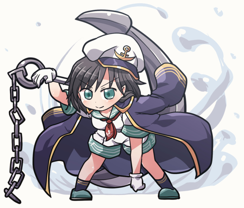 1girl anchor_symbol bangs black_coat black_hair black_legwear closed_mouth coat coat_on_shoulders eyebrows_visible_through_hair full_body gloves green_eyes green_footwear green_sailor_collar hat holding_anchor leaning_forward looking_at_viewer military military_uniform murasa_minamitsu naval_uniform red_neckwear rokugou_daisuke sailor sailor_collar sailor_hat shirt short_hair short_sleeves shorts smile solo standing touhou touhou_gouyoku_ibun uniform v-shaped_eyebrows water white_background white_gloves white_headwear white_shirt white_shorts