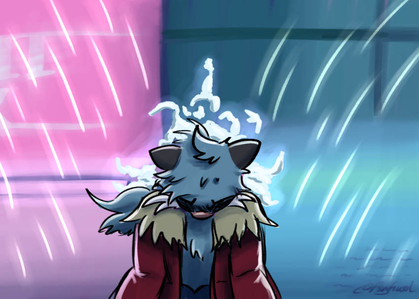 ambiguous_gender angry anthro artist_name black_body black_ears black_fur blue_background blue_body blue_fur blue_hair chest_tuft city city_background clothing coat dewott fluffy fur generation_5_pokemon hair harsh_lighting head_tuft hidden_eyes looking_down nintendo nonbinary_(lore) pink_background pink_nose pokemon pokemon_(species) pokemorph ponytail psykwol red_clothing red_coat red_topwear signature simple_background solo sparks sprig_dynamo_(psykwol) tan_clothing text topwear tuft water whiskers white_whiskers