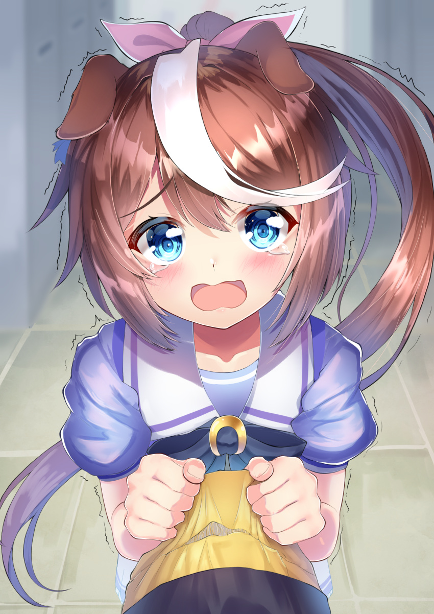 1boy 1girl animal_ears blue_eyes bow bowtie brown_hair ears_down high_ponytail highres horse_ears horse_girl horseshoe_ornament looking_at_viewer motion_lines multicolored_hair pink_bow pov puffy_short_sleeves puffy_sleeves purple_bow purple_neckwear purple_shirt rappi sailor_collar sailor_shirt school_uniform shirt short_sleeves skirt streaked_hair summer_uniform tearing_up textless tokai_teio_(umamusume) torn_clothes tracen_school_uniform trainer_(umamusume) trembling two-tone_hair umamusume white_hair white_skirt