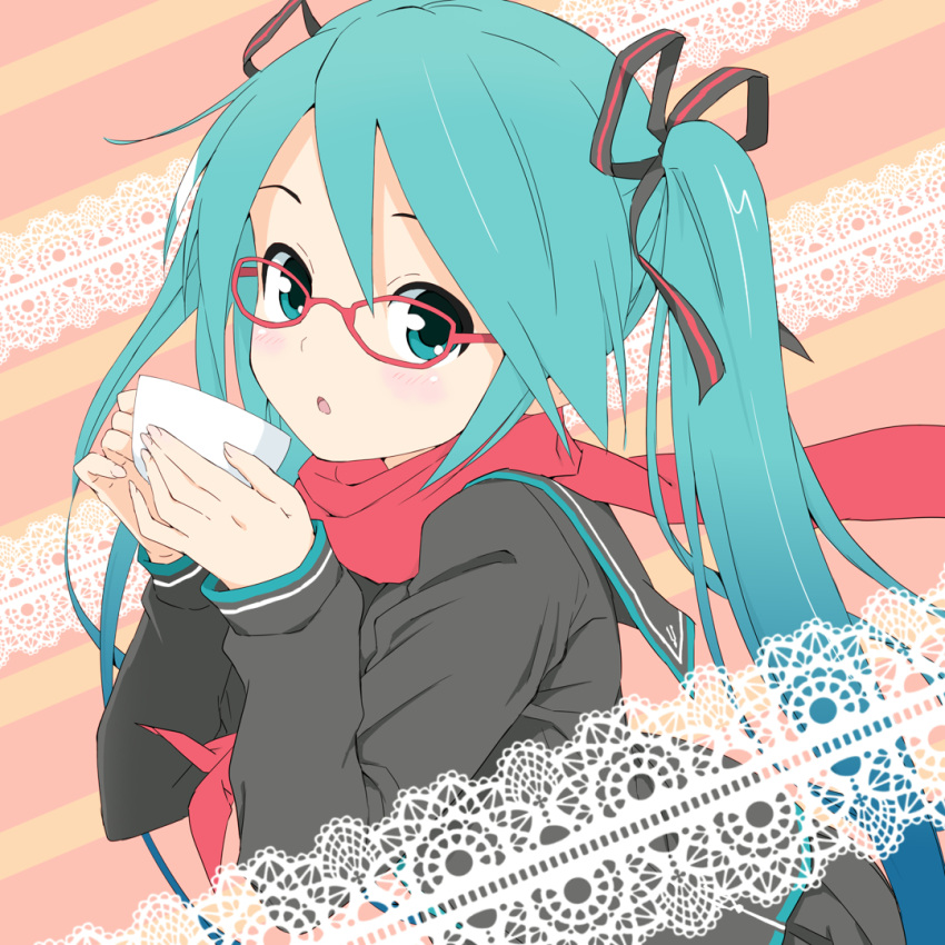 1girl :o aqua_eyes aqua_hair black_collar black_shirt black_skirt collar collared_shirt commentary cup hair_ribbon hatsune_miku holding holding_cup lace_background light_blush long_hair looking_at_viewer neckerchief open_mouth pleated_skirt red_neckwear red_scarf ribbon sailor_collar scarf school_uniform serafuku shirt skirt solo soukun_s striped striped_ribbon teacup twintails uniform upper_body very_long_hair vocaloid vocaloid_(lat-type_ver)