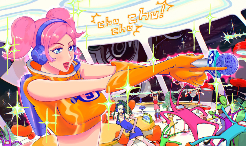2am_buns 3girls blue_eyes commentary cyber_fashion english_commentary gloves headset highres holding holding_microphone microphone multiple_girls orange_gloves pink_hair retrofuturism space_channel_5 twintails ulala