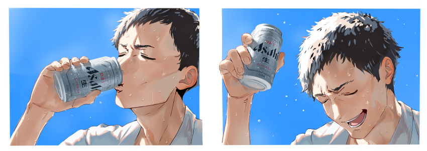 1boy absurdres asahi_breweries beer_can black_hair can closed_eyes drinking hair_behind_ear highres holding holding_can male_focus nijisanji open_mouth shirt smile sweat sweating_profusely tonegawa_ribu virtual_youtuber white_shirt yashiro_kizuku