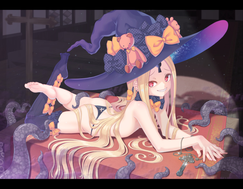 1girl abigail_williams_(fate) absurdres ass bangs bare_shoulders barefoot black_legwear black_panties blonde_hair blue_eyes blush bow breasts collarbone fate/grand_order fate_(series) feet grin hat highres kido_airaku long_hair looking_at_viewer open_mouth orange_bow panties polka_dot polka_dot_bow red_eyes sharp_teeth single_thighhigh small_breasts smile solo stuffed_animal stuffed_toy teddy_bear teeth tentacles thighhighs underwear very_long_hair witch_hat