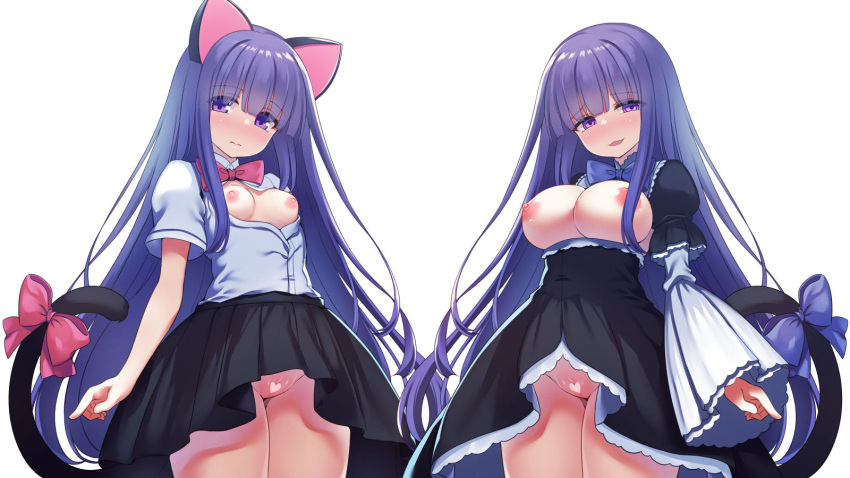 2girls animal_ears bangs black_dress black_skirt blue_hair blunt_bangs blush breasts breasts_outside cat_ears cat_tail censored dress fake_animal_ears frederica_bernkastel furude_rika heart heart_censor highres higurashi_no_naku_koro_ni large_breasts long_hair look-alike looking_at_viewer multiple_girls no_bra no_panties open_clothes open_mouth open_shirt purple_eyes pussy ribbon shirt short_sleeves simple_background skirt small_breasts smile tail tail_ornament tail_ribbon thighs umineko_no_naku_koro_ni very_long_hair white_background white_shirt white_sleeves wind wind_lift yako