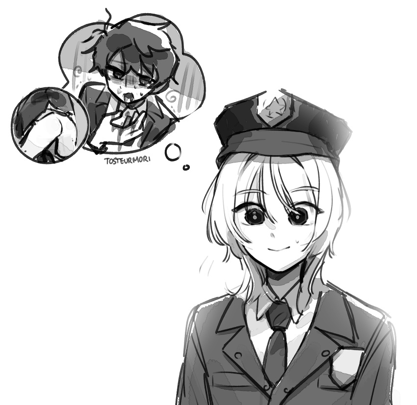 2boys absurdres akinashi_haru artist_name collared_shirt commentary gloom_(expression) greyscale hair_between_eyes hat highres jacket male_focus medium_hair monochrome motion_lines multiple_boys necktie open_clothes open_jacket police police_badge police_hat police_uniform policeman saihate_eki shirt sidelocks simple_background smile speech_bubble spiral suit_jacket sweat tatsunami_shion thought_bubble tosteurmori upper_body vomit vomiting yaoi