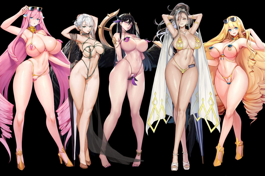 5girls absurdly_long_hair areola_slip areolae arm_up armpits arms_up audrey_dreamweaver bangs bare_arms bare_hips bare_legs bare_shoulders big_hair bikini black_background black_feathers black_hair blonde_hair blue_eyes blush breast_press breasts brown_hair character_name charlotte_(last_origin) closed_umbrella collar curly_hair curvy deconstructor_azaz drill_hair earrings eyebrows_visible_through_hair eyewear_on_head feather_hair_ornament feather_trim feathered_wings feathers full_body game_cg gem gold_swimsuit green_eyes groin hair_ornament high_heels highleg highleg_bikini highleg_swimsuit highres huge_breasts jam_(nandade) jewelry last_origin legs legs_together long_hair long_legs looking_at_viewer metal_collar micro_bikini midriff mole mole_under_mouth multi-strapped_bikini multiple_girls name_tag navel navel_piercing necklace nipples official_art one-piece_swimsuit open_mouth piercing pink_hair ponytail purple_eyes revealing_clothes rorobomb saraqael_(last_origin) see-through see-through_sleeves serapias_alice shiny shiny_skin silver_hair simple_background skindentation smile snowball22 standing stomach string_bikini sunglasses sweat swimsuit taesi tattoo thick_thighs thigh_tattoo thighs tiara umbrella venus_bikini very_long_hair white_hair wide_hips wings