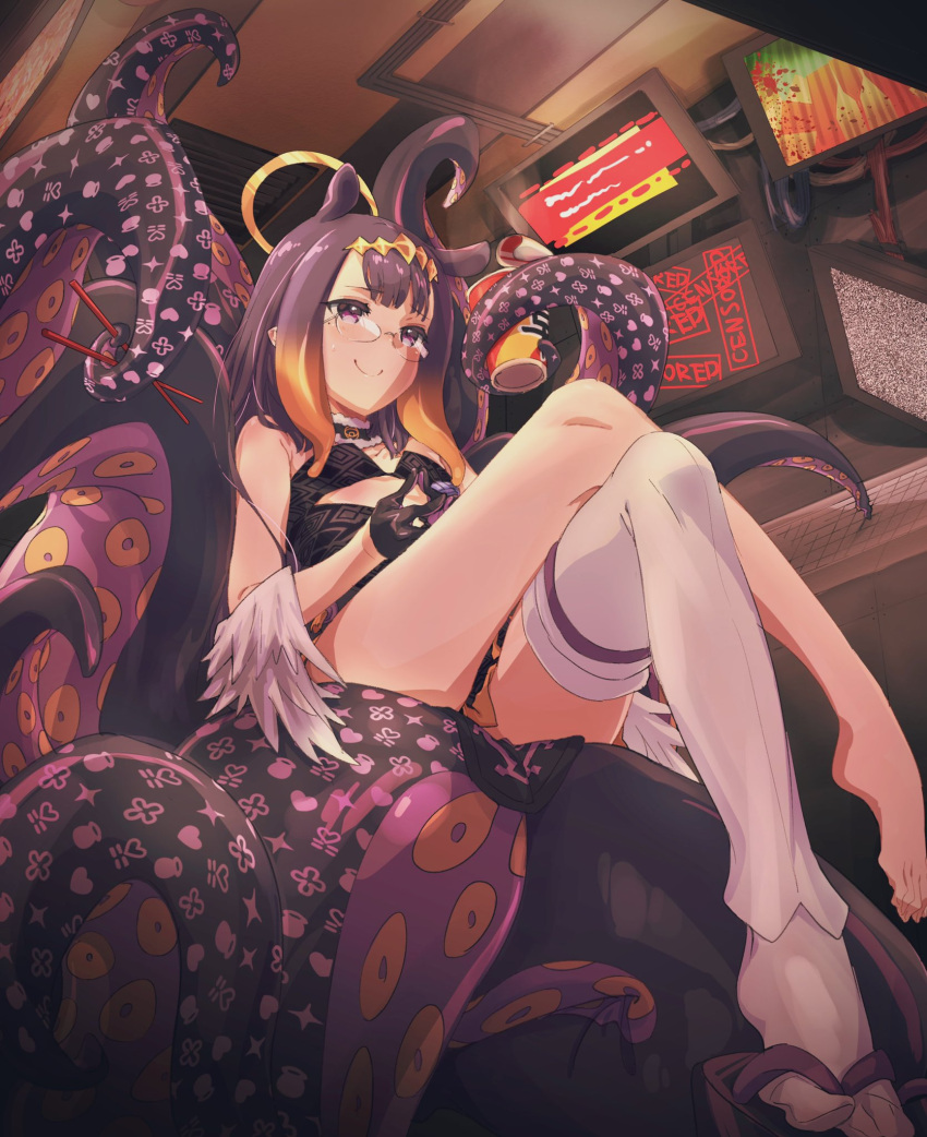 1girl animal_ears barefoot bespectacled black_dress black_gloves blush breasts chopsticks closed_mouth commentary crossed_legs cup_ramen cutout_above_navel detached_collar dress eyebrows_visible_through_hair fingers_together fukuda_keita full_body fur-trimmed_collar furrowed_brow geta glasses gloves gradient_hair halo hands_together headpiece highres hololive hololive_english indoors lobotomy_corporation long_hair looking_over_eyewear low_wings mole mole_under_eye monitor multicolored_hair nervous_smile ninomae_ina'nis okobo orange_hair pointy_ears purple_eyes purple_hair single_thighhigh sitting sleeveless sleeveless_dress small_breasts smile solo static steam straight_hair strapless strapless_dress sweatdrop tabi tentacle_hair tentacles thighhighs thighs tube_dress two-tone_hair virtual_youtuber white_legwear wings