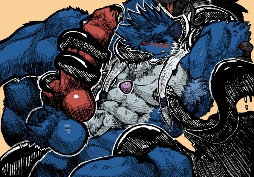 abs absurd_res accessory anal anal_penetration animal_genitalia animal_penis anthro aroused balls barazoku big_balls big_muscles big_pecs big_penis biped black_ears black_eyebrows blue_body blue_fur blue_hair chest_tuft collarbone countershade_fur countershade_torso countershading digital_media_(artwork) dreeda duo erection eviolite_(item) eyebrows fur generation_5_pokemon generation_8_pokemon genitals hair hair_over_eyes hatching_(art) hi_res hiding_behind_another hisuian_form hisuian_samurott huge_penis ink jewelry jwbash knot_(anatomy) lying male mammal markings muscular muscular_anthro muscular_arms muscular_legs muscular_male mustelid necklace nintendo nipples nude on_back open_mouth pecs penetration penis penis_tentacles pink_nose pokemon pokemon_(species) pokemon_legends_arceus ponytail reed_(dreeda) regional_form_(pokemon) restrained restrained_by_tentacles samurott sex shaded solo solo_focus struggling tentacle_in_ass tentacle_on_penis tentacle_penetration tentacle_sex tentacles text tuft vein veiny_penis