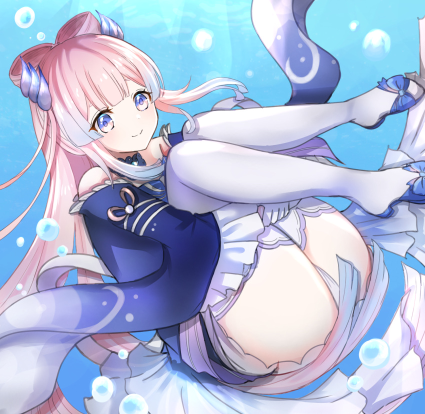 1girl frilled_sleeves frills full_body genshin_impact hair_ornament highres legs_up long_hair looking_at_viewer pink_hair pomupurin purple_eyes sangonomiya_kokomi short_shorts shorts smile solo thighs underwater white_legwear white_shorts wide_sleeves