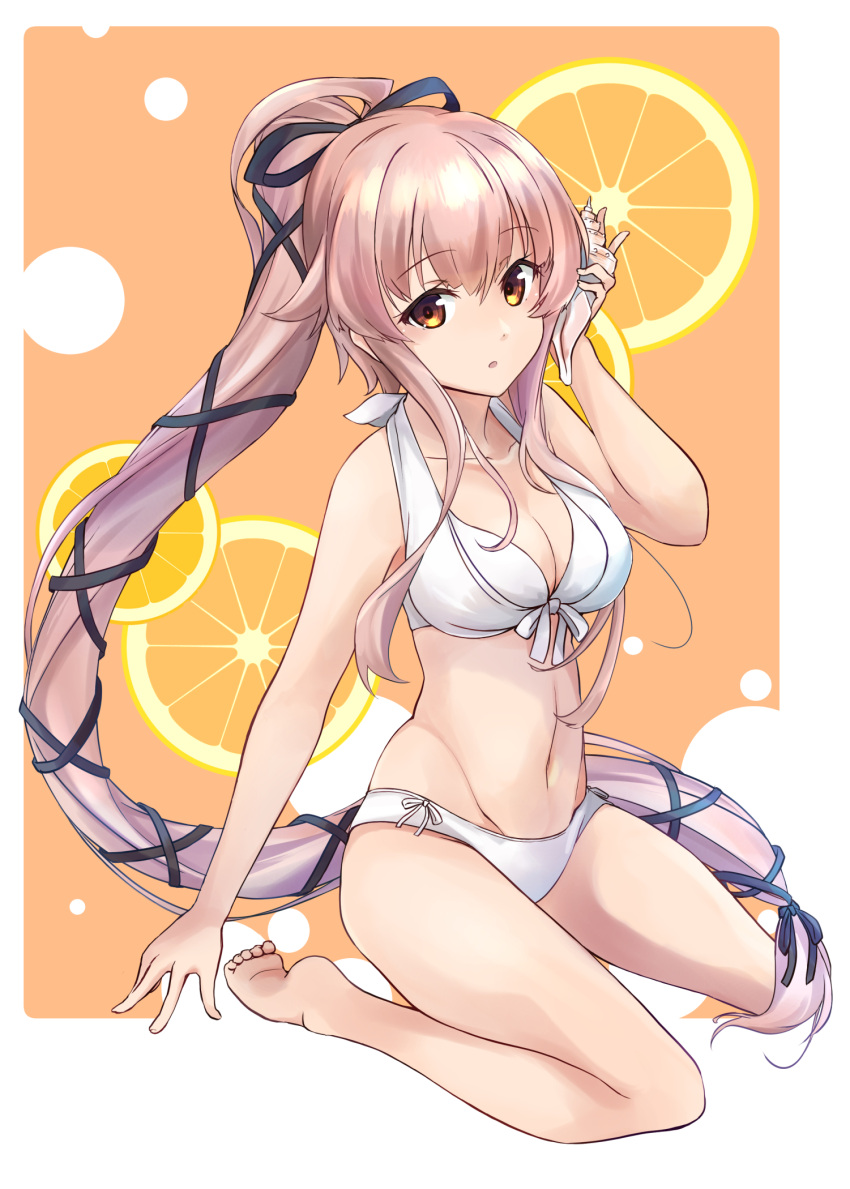 1girl bare_arms bare_legs bare_shoulders barefoot bikini breasts cleavage collarbone eyebrows_visible_through_hair hair_between_eyes highres kantai_collection long_hair medium_breasts minosu navel open_mouth pink_hair ponytail solo swimsuit white_bikini yellow_eyes yura_(kancolle)