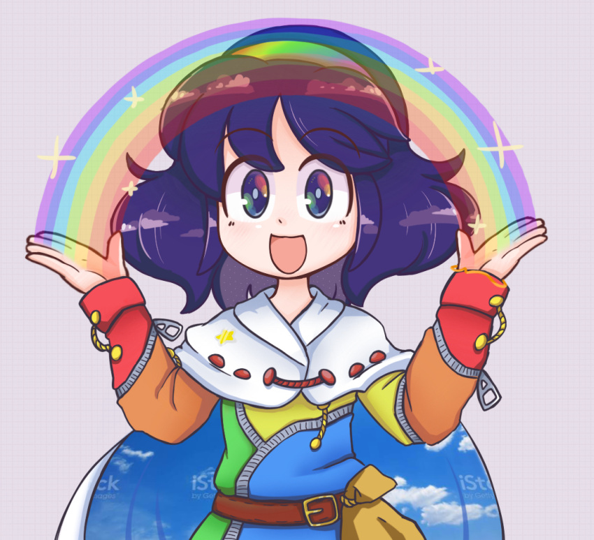 1girl :d belt blue_hair cape cloak dress eyebrows_visible_through_hair happy keb00b multicolored multicolored_clothes multicolored_dress multicolored_eyes multicolored_hairband open_mouth patchwork_clothes rainbow rainbow_gradient red_button sky_print smile solo tattered_cape tenkyuu_chimata touhou two-sided_cape two-sided_fabric watermark white_cape zipper