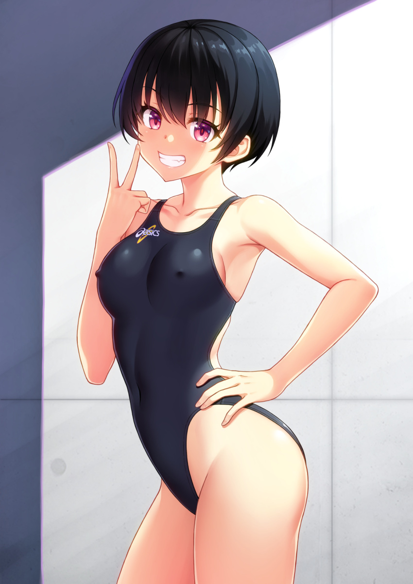 1girl black_hair breasts collarbone competition_swimsuit covered_navel covered_nipples grin hand_on_hip highres kuri_(kurigohan) looking_at_viewer medium_breasts one-piece_swimsuit original red_eyes short_hair smile solo standing swimsuit v