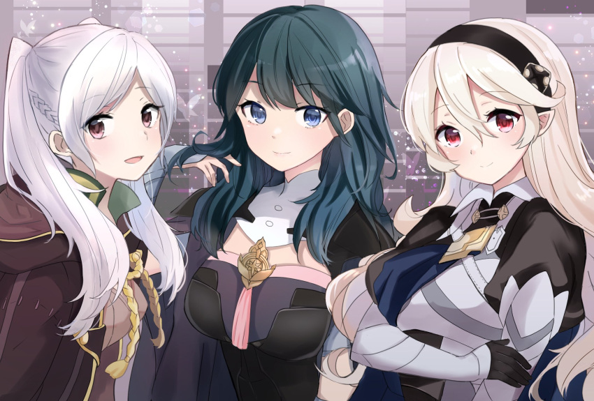 3girls armor armored_dress bangs black_armor black_cape black_gloves black_hairband blue_eyes blue_hair blush braid breasts brown_robe byleth_(fire_emblem) byleth_(fire_emblem)_(female) cape closed_mouth corrin_(fire_emblem) corrin_(fire_emblem)_(female) detached_collar eyebrows_visible_through_hair fire_emblem fire_emblem:_three_houses fire_emblem_awakening fire_emblem_fates fire_emblem_heroes french_braid gloves hair_between_eyes hairband hand_in_hair highres hood hood_down hooded_robe juliet_sleeves lips long_hair long_sleeves looking_at_viewer manakete medium_breasts multiple_girls open_mouth pink_eyes pointy_ears puffy_sleeves puni_y_y red_eyes robe robin_(fire_emblem) robin_(fire_emblem)_(female) silver_hair smile trait_connection twintails upper_body white_hair