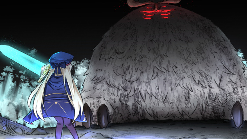 1girl artoria_pendragon_(caster)_(fate) artoria_pendragon_(fate) beret blonde_hair blue_bow blue_cape blue_headwear bow cape cernunnos_(fate) commentary_request dark_souls_(series) dark_souls_i fate/grand_order fate_(series) giant giant_monster glowing glowing_eyes glowing_sword glowing_weapon hat hat_bow highres holding holding_sword holding_weapon holy_moonlight_sword long_hair monster neon-tetora pantyhose purple_legwear red_eyes standing sword twintails very_long_hair weapon