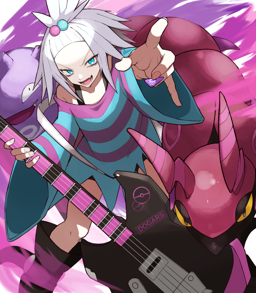 1girl absurdres arm_up bass_guitar black_footwear blue_eyes boots commentary_request dress fingernails gen_1_pokemon gen_5_pokemon gym_leader hair_bobbles hair_ornament highres holding holding_instrument holding_plectrum huge_filesize instrument koffing looking_at_viewer necro_ro open_mouth poke_ball_print pokemon pokemon_(creature) pokemon_(game) pokemon_bw2 roxie_(pokemon) scolipede spiked_hair striped striped_dress teeth tongue topknot two-tone_dress white_hair