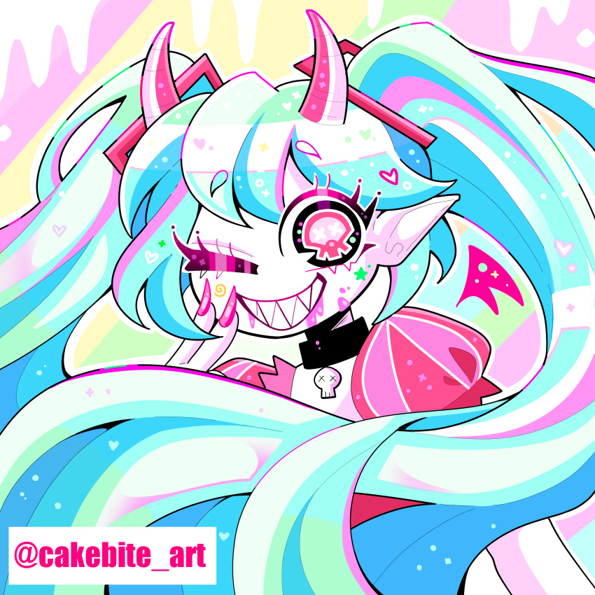 1girl :d ;d absurdres alternate_skin_color arm_at_side bare_arms big_hair black_choker black_eyes blood blood_from_mouth blood_on_face blue_hair choker colored_skin commentary cutout_eyelashes demon_girl demon_horns english_commentary facial_mark fingernails frilled_sleeves frills green_background green_streaks grin hair_behind_ear hair_ornament hand_up hatsune_miku heart highres horns instagram_username inward_v long_fingernails long_hair multicolored_hair no_nose one_eye_closed outline pink_background pink_blood pink_horns pink_nails pink_streaks pointy_ears puffy_short_sleeves puffy_sleeves raised_eyebrows red_shirt saturated sharp_fingernails sharp_teeth shirt short_eyebrows short_sleeves sidelocks simple_background single_sidelock skull_choker smile solo sonadrawzstuff star_(symbol) star_facial_mark streaked_hair tareme teeth twintails upper_body v very_big_eyes very_long_hair vocaloid white_background white_outline white_skin white_streaks yellow_background