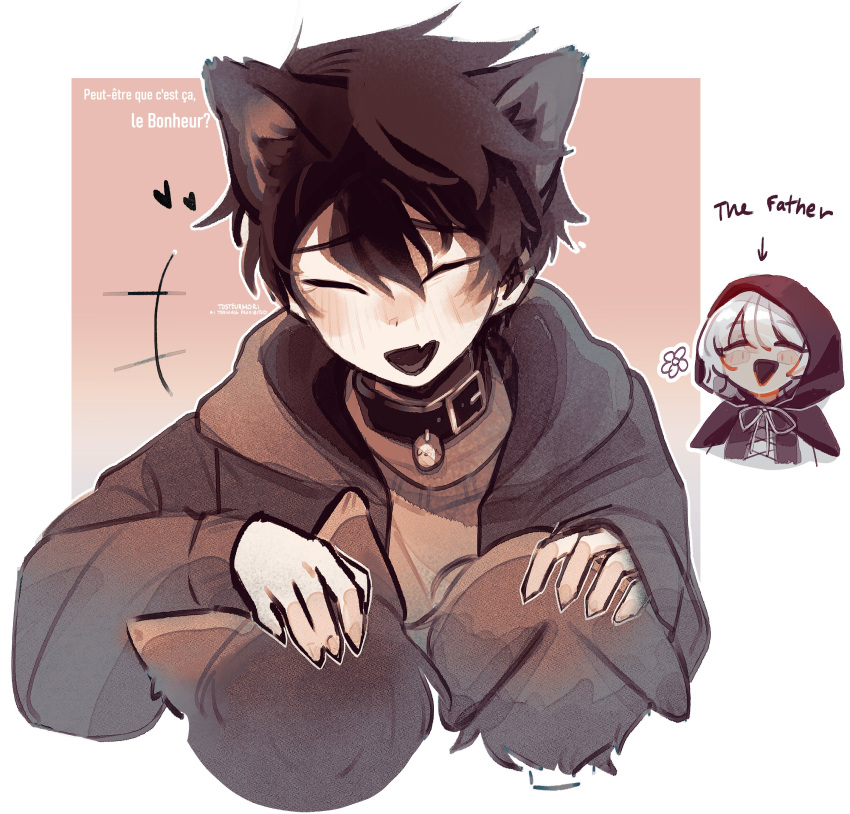4boys :d absurdres akinashi_haru animal_ear_fluff animal_ears arrow_(symbol) artist_name bell belt_collar black_collar black_jacket blush blush_stickers border brown_shoes capelet closed_eyes collar commentary dog_ears english_commentary english_text fang french_text gradient_background hair_between_eyes headpat highres hood hood_down hooded_capelet hooded_jacket jacket kemonomimi_mode long_sleeves male_focus medium_hair mixed-language_text multiple_boys neck_bell open_mouth outline outside_border parted_bangs red_background red_hood saihate_eki shirt shoes short_hair sidelocks skin_fang smile tatsunami_shion tosteurmori watermark white_border white_hair white_outline white_shirt