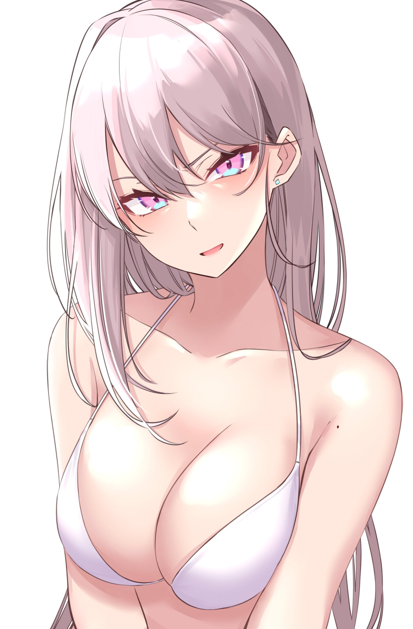 1girl absurdres bikini blue_eyes blush breasts cleavage collarbone commentary ear_piercing eyelashes hair_between_eyes halterneck head_tilt highres ichiki_1 large_breasts long_hair looking_at_viewer mole mole_on_arm multicolored multicolored_eyes open_mouth original piercing pink_eyes silver_hair simple_background solo straight_hair string_bikini swimsuit upper_body white_background white_bikini