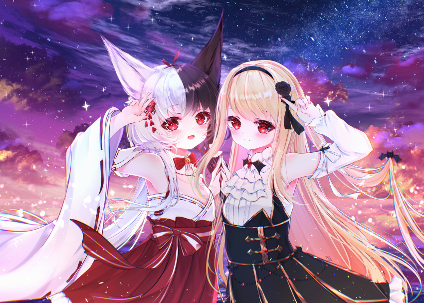 2girls absurdres alice_mana alice_mana_channel animal_ears arm_up armpits black_hair black_skirt blonde_hair blush breasts cloud detached_sleeves dusk fox_ears fox_girl hairband hakama hakama_short_skirt hakama_skirt hanajiang highres index_finger_raised indie_virtual_youtuber japanese_clothes long_hair low_twintails miko multicolored_hair multiple_girls open_mouth outdoors red_skirt shiina_nanoha shirt skirt sky small_breasts smile star_(sky) starry_sky sunset twintails two-tone_hair v very_long_hair virtual_youtuber white_hair white_shirt white_sleeves