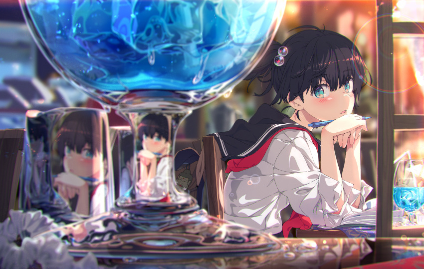 blush book drink ogipote original ponytail reflection school_uniform