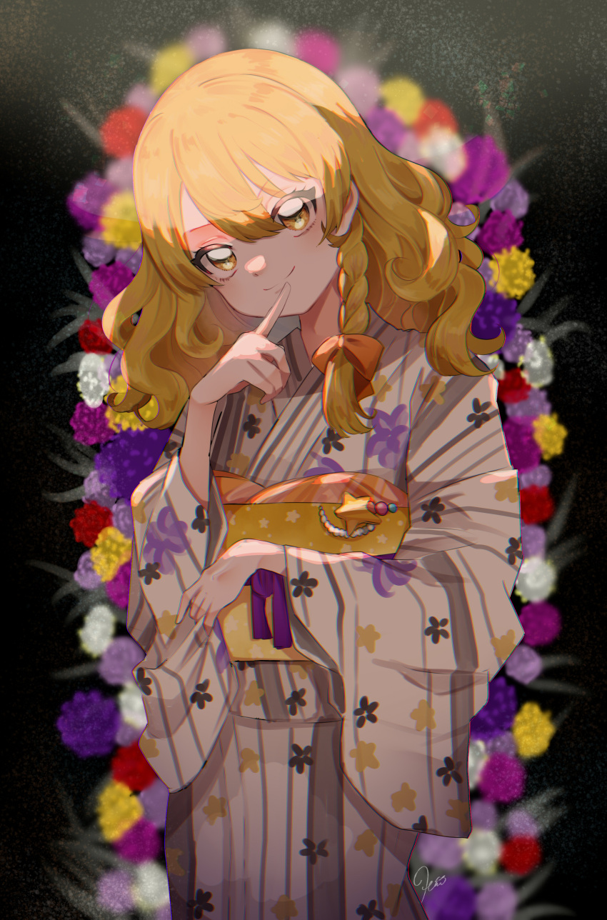 1girl absurdres bangs belt black_background black_flower blonde_hair bow braid closed_mouth dress eyebrows_visible_through_hair floral_background floral_print flower hair_between_eyes hair_bow hand_up highres japanese_clothes kimono kirisame_marisa light long_sleeves looking_at_viewer no_hat no_headwear orange_bow purple_bow purple_flower red_flower shadow short_hair single_braid smile solo standing star_(symbol) star_print striped striped_kimono touhou twitter_username uchisaki_himari white_dress white_sleeves wide_sleeves yellow_belt yellow_eyes yellow_flower