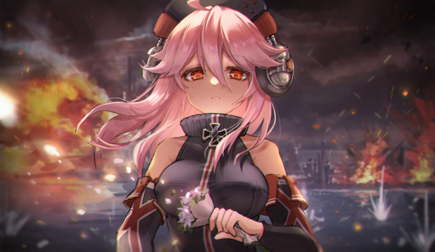 aircraft anthropomorphism close clouds erect_nipples fire flowers headphones l_ii long_hair night pink_hair red_eyes reflection signed sky tirpitz_(zhanjian_shaonu) water zhanjian_shaonu