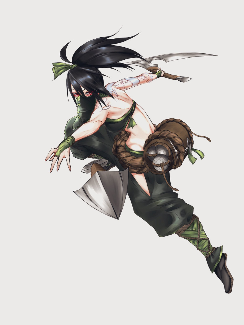 1girl akali arm_tattoo bangs belt_pouch black_hair breasts bridal_gauntlets crop_top eyeliner eyeshadow fighting_stance fingerless_gloves full_body gloves green_gloves green_pants green_ribbon green_shirt grey_background hair_between_eyes hair_ribbon highres holding holding_scythe holding_weapon incoming_attack kama_(weapon) knife kunai league_of_legends long_hair makeup mask moguru0808 mouth_mask mouth_veil ninja ninja_mask pants ponytail pouch ribbon rope_belt scythe shirt shoulder_tattoo sickle simple_background smoke_bomb solo tattoo throwing throwing_knife weapon