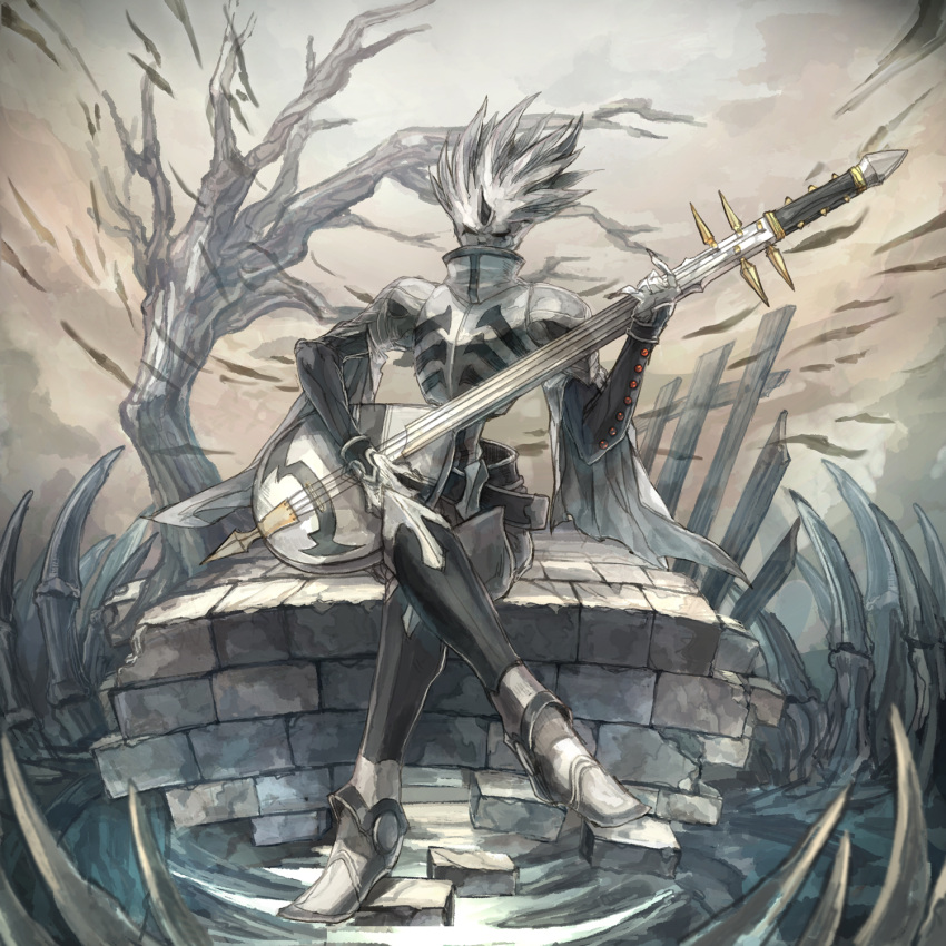 1boy armor bare_tree beet_the_vandel_buster black_eyes black_horns bone breastplate brick broken cape cloud cloudy_sky covered_mouth crack crossed_legs fingernails greaves grey_cape grey_hair grey_theme guitar highres holding holding_instrument horns instrument long_fingernails male_focus moekemari music no_pupils outdoors pauldrons playing playing_instrument see-through sharp_fingernails shoulder_armor single_horn sitting sky solo spiked_hair torn torn_cape torn_clothes tree water white_footwear