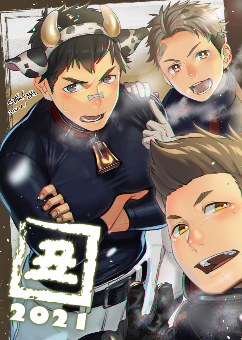 3boys absurdres animal_ears bandaid bandaid_on_face bell belt black_eyes black_hair black_shirt blonde_hair blush brown_eyes choker cow_ears cow_horns cowbell crossed_arms gloves highres horns large_pectorals looking_at_viewer male_focus multiple_boys open_mouth original pants pectorals shiny shiny_clothes shirt short_hair spiked_hair tight tight_shirt v watari_yuu_(haskey) white_pants yellow_eyes